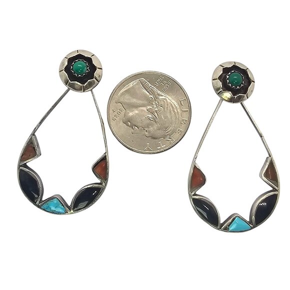 Zuni-Style Sterling Silver Multi-Stone Inlay Convertible Teardrop Earrings - Picture 5 of 16